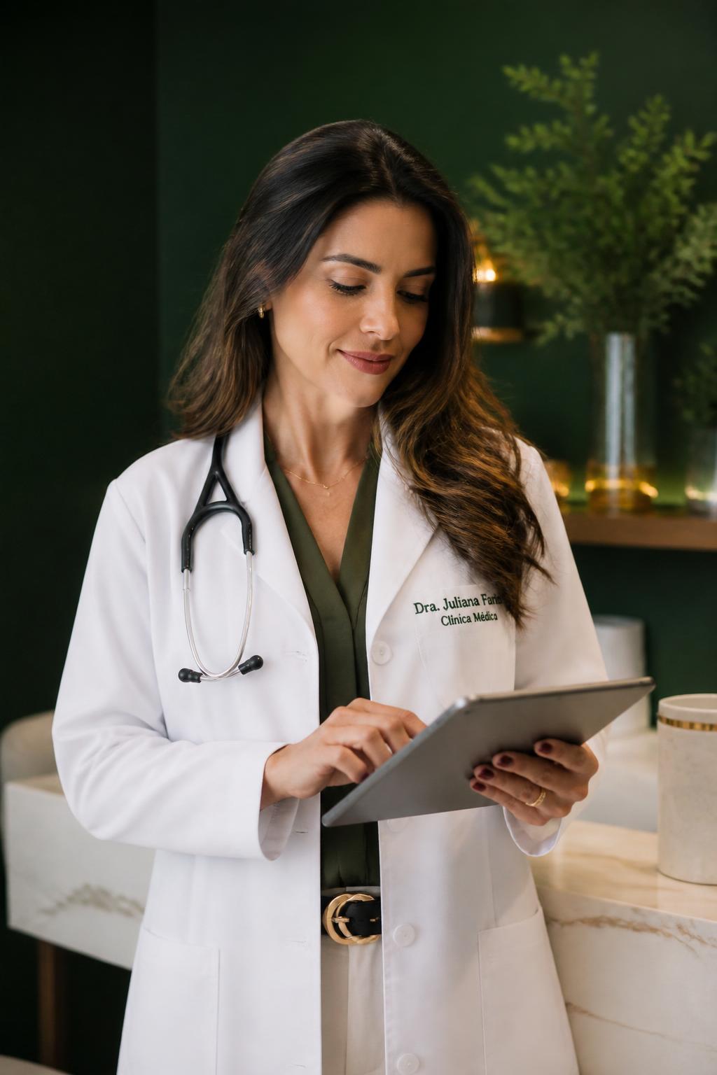 Médica revisando agenda em tablet
